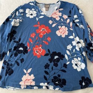 Chicos 3 Size XL Cotton/Modal Floral Troupe Puff-Sleeve V-Neck Shirt Ruffle CH1